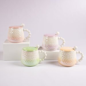 Taza con Tapa y Cuchara Diseño Texturizado Perlado 350 ml