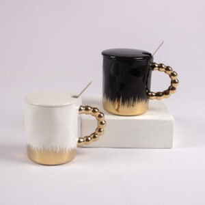 Taza con Tapa y Cuchara Diseño Degradado Asa Dorada 300 ml