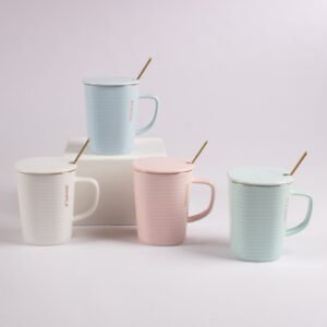 Taza con Tapa y Cuchara Diseño Rayado Minimalista 320 ml