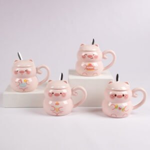 Taza con Tapa y Cuchara Diseño Osito Rosado 400 ml